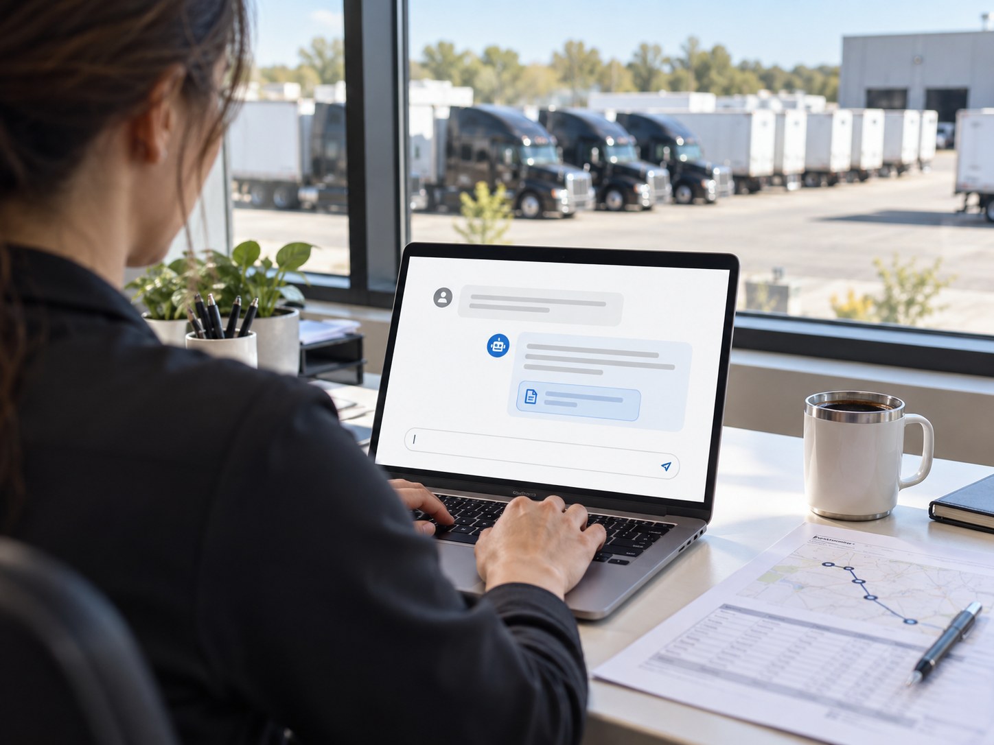 Over the shoulder of a dispatcher typing a question into Ask X3 on a laptop, the verbatim regulation and citation on screen, trucks through the window