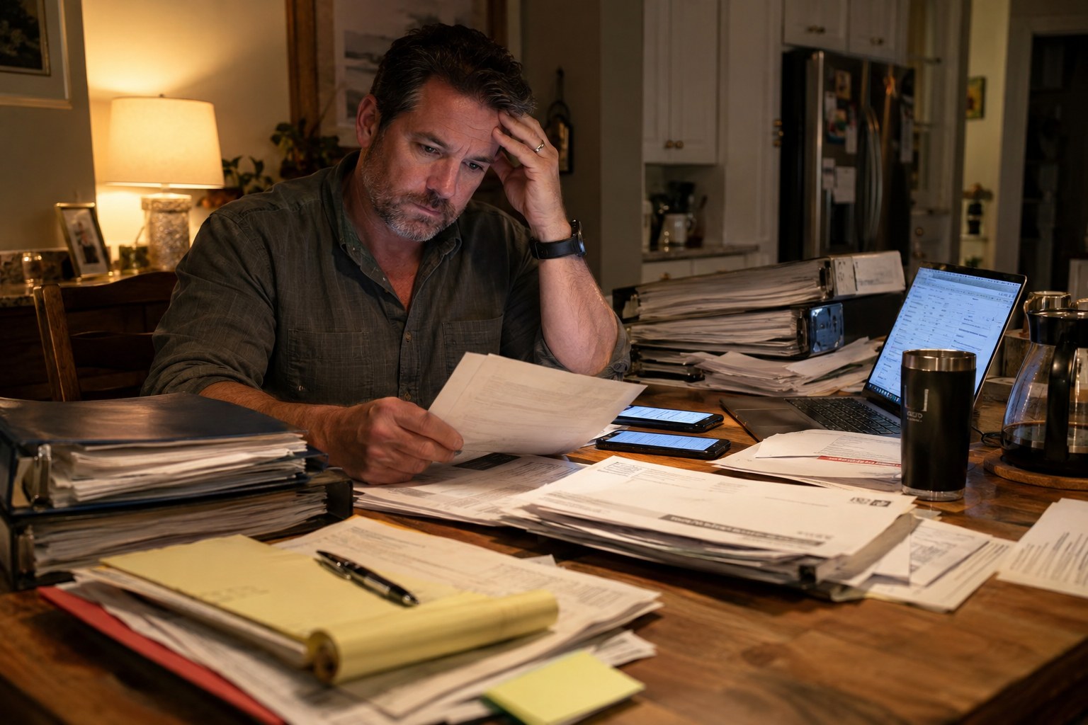 A fleet owner at a kitchen-table desk buried in binders, renewal letters, a laptop with twenty tabs and a stack of vendor invoices