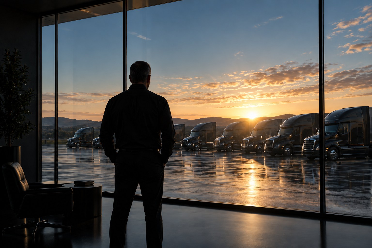 A fleet owner looking out the office window at his tractors lined up at sunrise